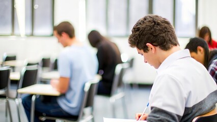 Test Taker with Blurred Classroom: A student focusing on their test in a blurred room.

