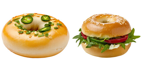 Two bagels with toppings on a black background.