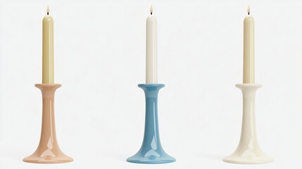 Trio of Elegant Candlesticks: Three slender candlesticks with a delicate, modern design, each in a soft pastel hue: dusty pink, pale blue, and ivory white. The candlesticks are lit with a warm.