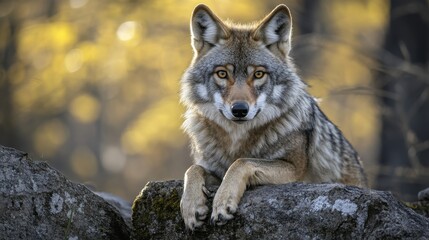 Majestic gray wolf resting on rocks