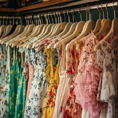Beautiful female wardrobe. A lot of party dresses hanging on hangers in closet. Vintage clothing rental concept. Women's space. Boho market. Small boutique showroom fashion shop. big choice