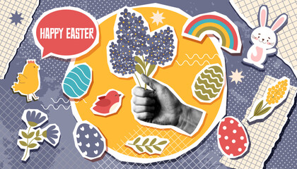 Easter collage banner with human hand photo, flowers and Easter objects - bunny, chicken, eggs in pop art style. Easter trendy background.