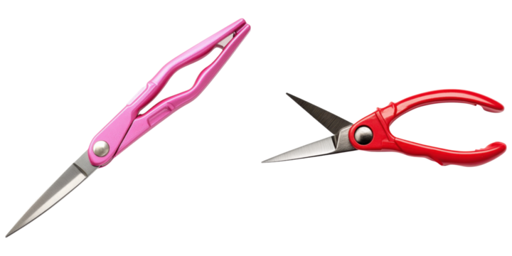 Two pairs of vibrant scissors on a black background.