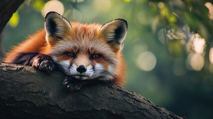 Red fox resting on a tree branch.