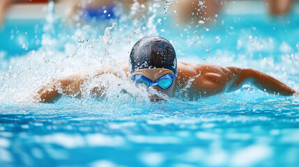 A person swimming laps in a pool while water splashing
