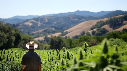 Fototapeta premium A farmer carries a sack and is picking marijuana, with a beautiful view of the clear sky