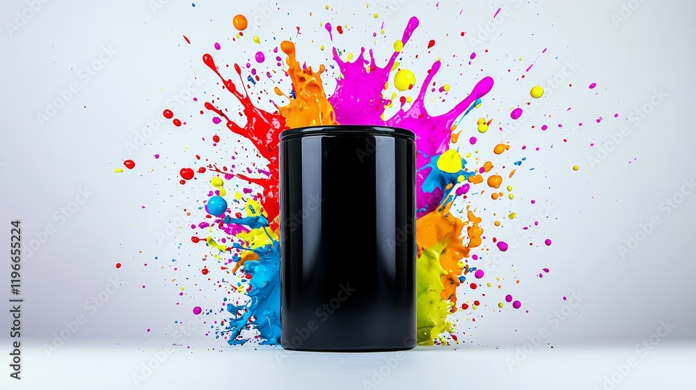 Aufkleber black container with a colorful splash of paint surrounding it. the container is black and the paint