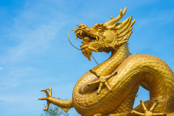 A detailed golden dragon statue with coiled body, sharp claws, and flowing whiskers, set against a clear blue sky with sparse greenery below.