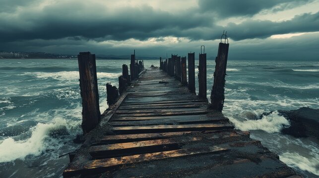 Old wooden pier under stormy sky with ocean waves crashing against it on a gloomy day