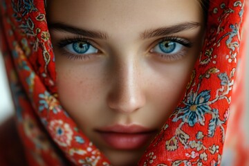 Portrait of caucasian woman with red headscarf and striking blue eyes