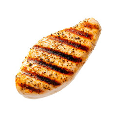 Grilled chicken breast seasoned with spices isolated on white transparent background, concept of healthy food and barbecue