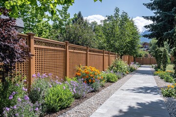 Obraz premium Wooden trellis fence protecting blooming flowerbed in residential garden