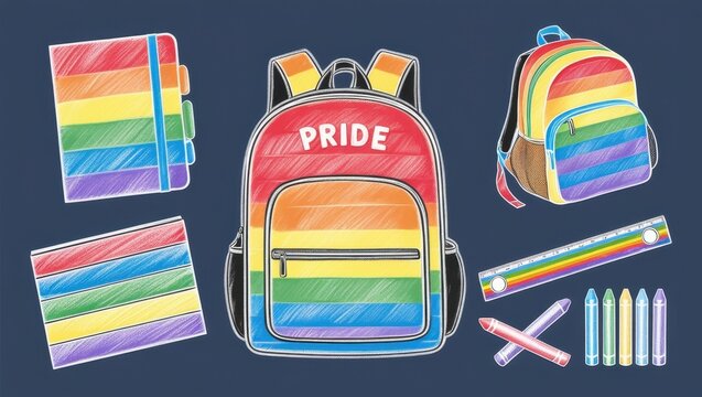 Rainbow Pride School Supplies Backpack Notebook Crayons Ruler