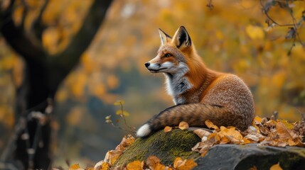 Fototapeta premium Red fox resting amidst autumn leaves.