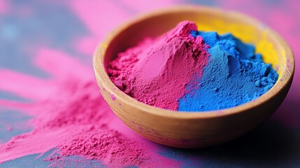 Bowl of colorful powder with pink, blue, and yellow colors. The bowl is on a table