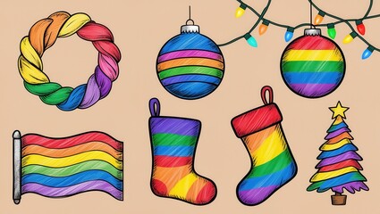 Obraz premium LGBTQ Pride Christmas Decorations Rainbow Wreath Ornaments Stockings Tree and Flag