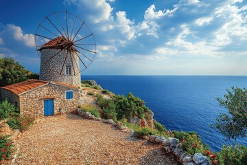 Traditional greek windmill overlooking tranquil blue mediterranean sea