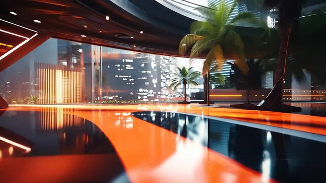 An orange and black futuristic cityscape. Future, office, city, palm skyscrapers, neon, light, building. Neon lights on the skyscrapers of buildings. A city with palm trees and skyscrapers. Lifestyle.