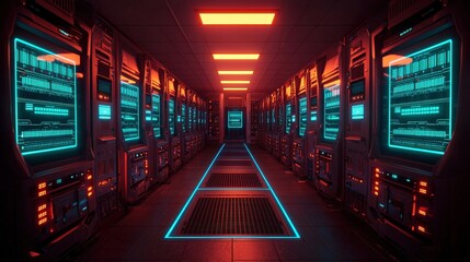 Cyber security and sleek, A futuristic server room illuminated by blue and orange lights, featuring rows of sleek technology along a narrow corridor.
