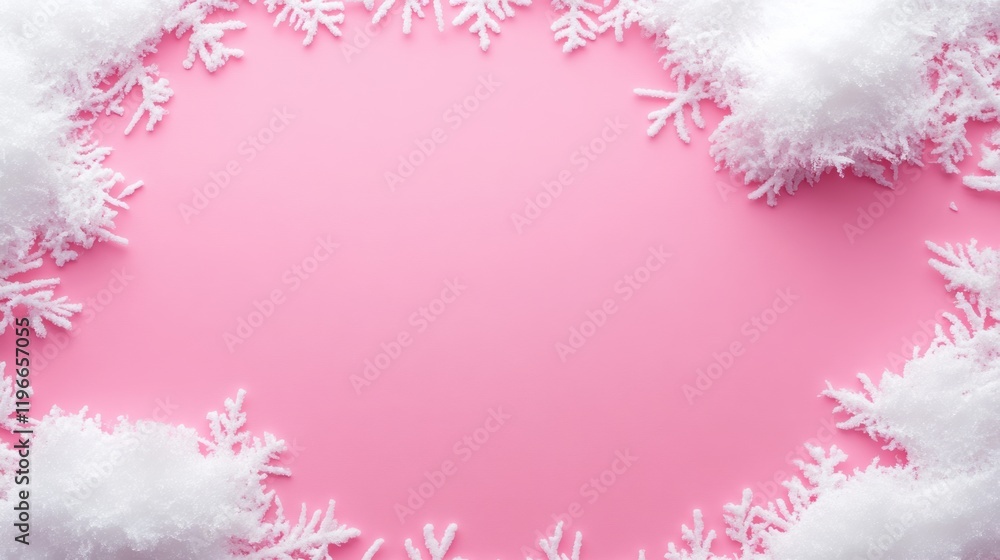 Poster pink background with snowflakes on it. the snowflakes are arranged in a way that they form a frame a