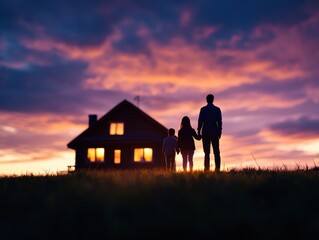 Family Silhouette at Sunset, New Home Dream