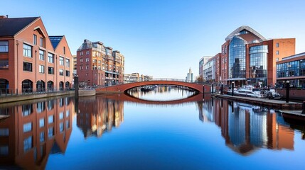Obraz premium Scenic view of a canal with modern buildings and a bridge.