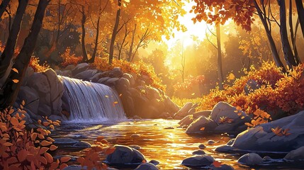 Golden Autumn Waterfall