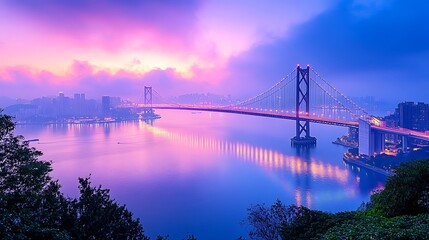 Obraz premium Illuminated suspension bridge over calm waters at twilight with a vibrant purple and pink sky reflecting urban city lights