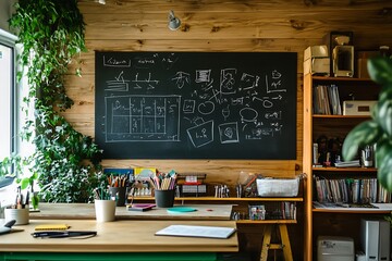 Inspiring Workspace with Chalkboard and Bookshelf
