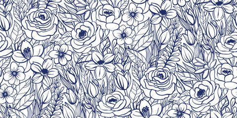 Floral Seamless Pattern of Roses, Tulips, Narcissus Flowers and leaves on Flowers field with bold outlines, Blue on White Background. Wallpaper Design for Textiles, Papers, Prints, Beauty Products.