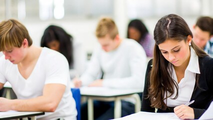 Students in Test Room: Blurred background of a classroom with test-taking students.
