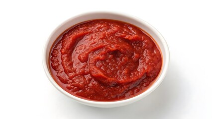 Top view of a bowl with tomato paste isolated on white background