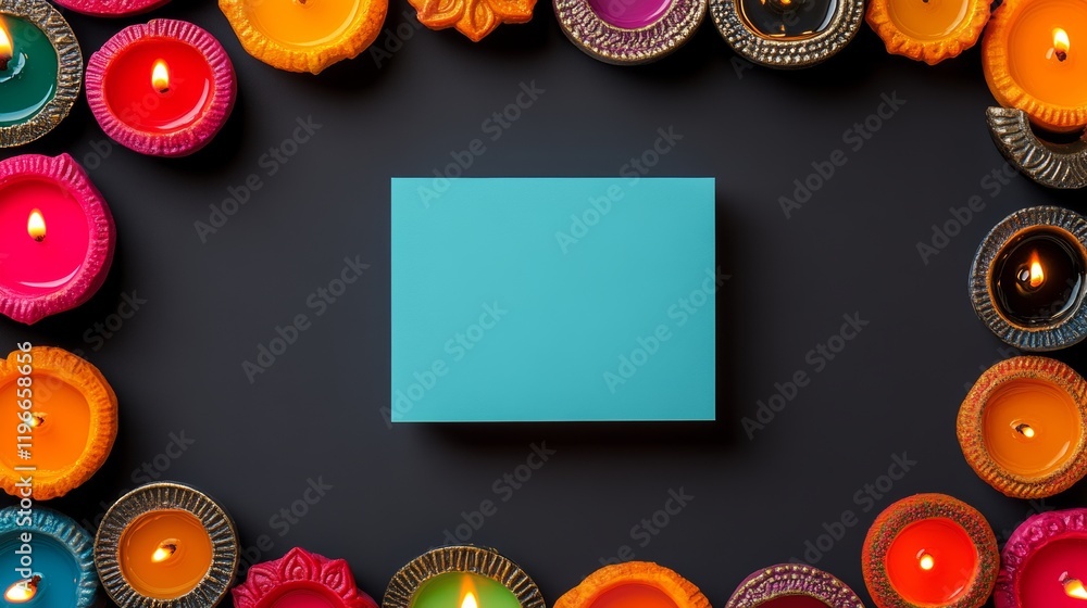 Poster blue card is placed in the middle of a circle of colorful candles. the candles are arranged in a way