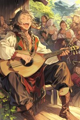 Fototapeta premium Joyful Musician in a Village Setting