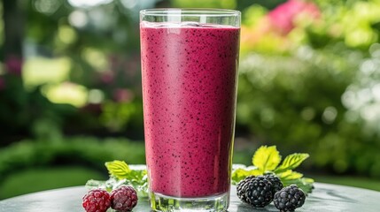 Vibrant berry smoothie in glass, garnished with fresh mint, outd