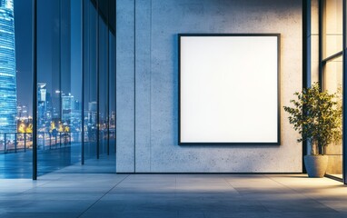 Blank billboard on concrete wall in modern building at night.