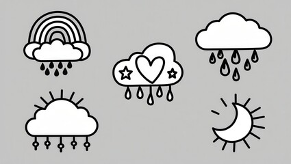 Cute Hand Drawn Weather Icons Sun Moon Rain Rainbow Clouds Heart