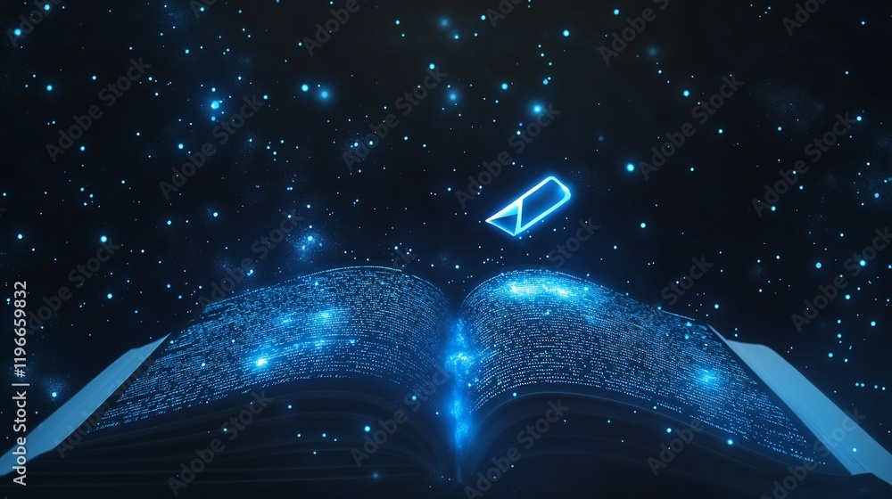 Poster digital book of knowledge: an illuminated open book with glowing particles and a floating icon, symb