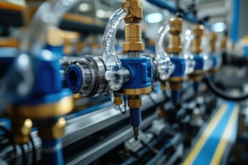 Fototapeta premium Industrial pipeline valves and pressure regulators, blue and brass metal fittings, factory gas distribution equipment close up