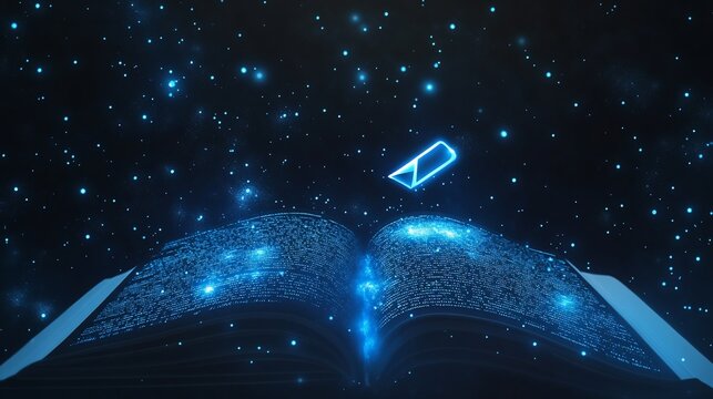 Digital Book of Knowledge: An Illuminated Open Book with Glowing Particles and a Floating Icon, Symbolizing the Universe of Information and the Power of Reading