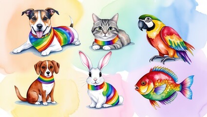 Obraz premium Adorable Rainbow Themed Pets Dogs Cat Rabbit Parrot Fish Watercolor Illustration