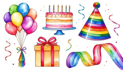 Festive Watercolor Birthday Party Elements Cake Balloons Gift and Rainbow Party Hat