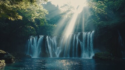 Sunlit Waterfall in Lush Forest