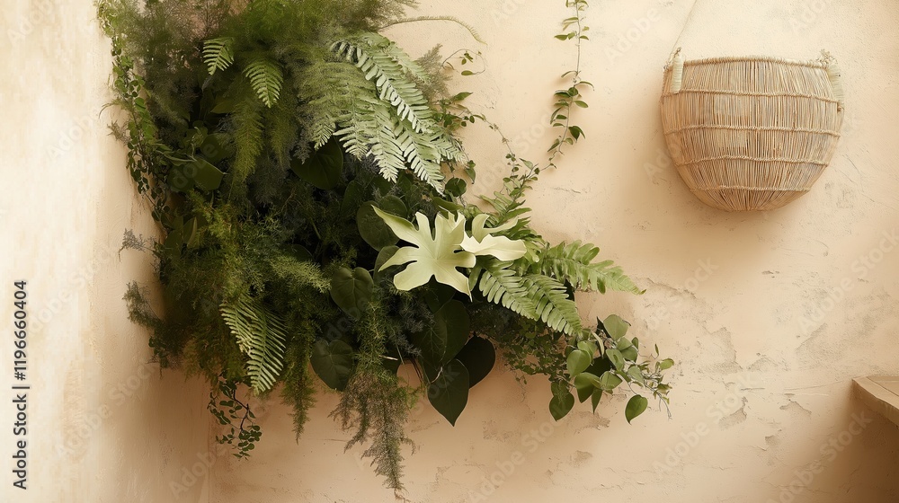 Poster biophilic design features vertical green walls illuminated with soft lighting, enhancing a minimalis