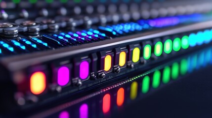 Cyber security and sleek, A close-up of a sleek control panel with vibrant, illuminated buttons in various colors, showcasing a modern, technological aesthetic.