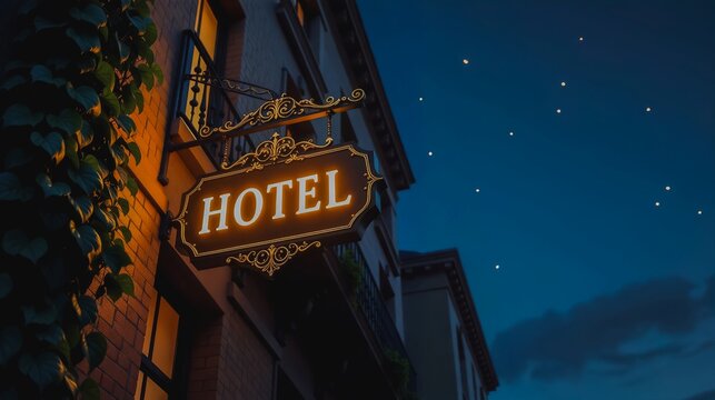Welcoming Hotel Sign Under Starry Sky, A warm-lit hotel sign glows against a dark night sky filled with twinkling stars. - Powered by Adobe