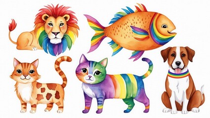 Adorable Rainbow Colored Animals Lion Cat Dog Fish Watercolor Illustration