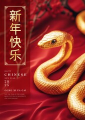 Chinese new year greetings, year of snake, golden snake on a red silk