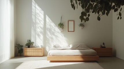Cozy biophilic bedroom with bamboo furniture and earthy tones, embracing natures tranquility with sunlight and greenery