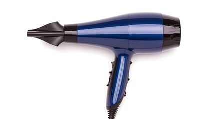 A sleek blue hair dryer with a nozzle, designed for efficient styling and drying, showcasing a modern design and ergonomic handle.